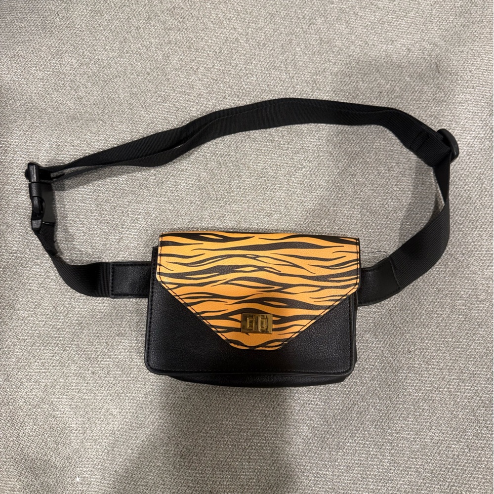 Black Crossbody Bag with Orange Tiger-Print Flap